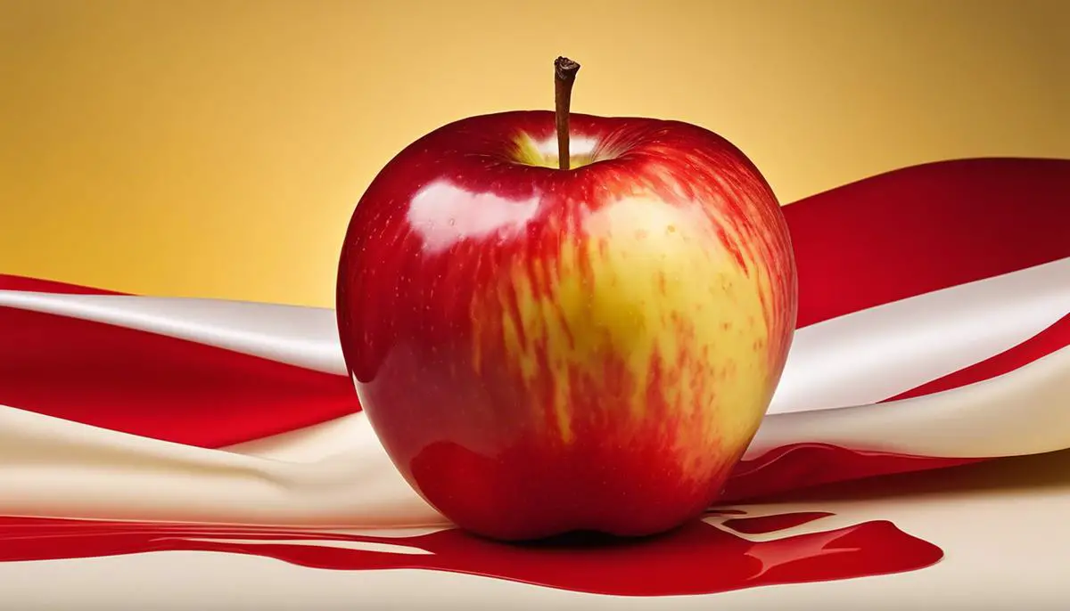 A close-up image of an Ambrosia apple showing its glossy red flushed over a yellow-cream background.
