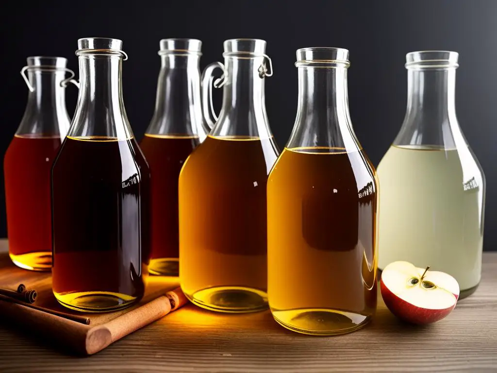 Image of glass containers of homemade apple cider vinegar stored in a cool and dark place