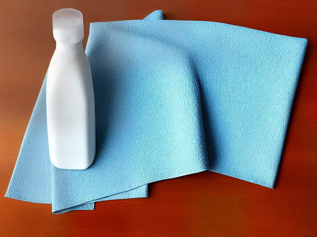 An image of a spray bottle filled with apple cider vinegar and water solution on a countertop next to a microfiber cloth and a paper towel.