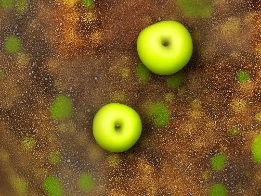 This image shows a close-up of an apple with small, circular water-soaked spots surrounded by yellow halos, indicating infection with bacterial spot disease.