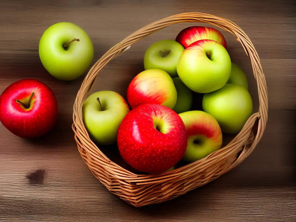 A basket of Buckeye Gala Apples on a wooden table