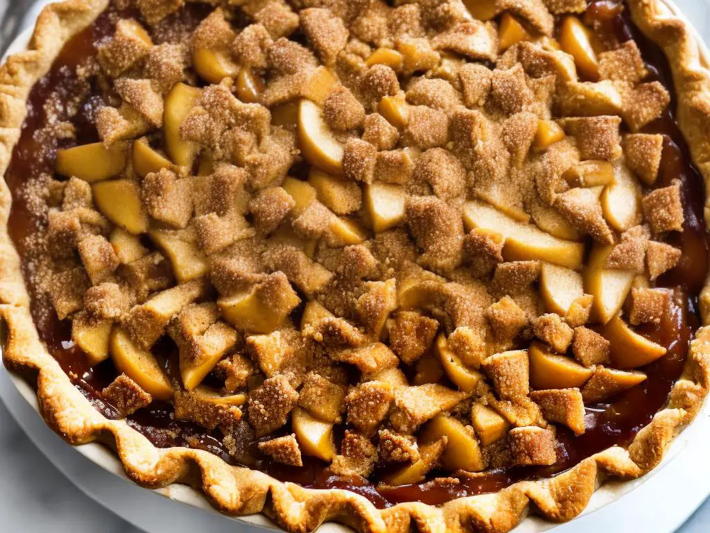 A photo of a delicious looking caramel apple pie, with a golden crust and slices of caramelized apples on top.