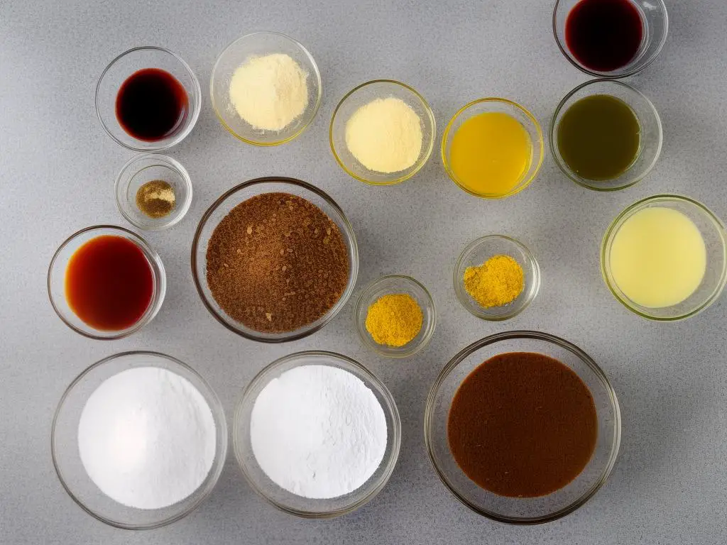 A picture of the six primary ingredients needed to make caramel for caramel apples; sugar, butter, corn syrup, heavy cream, salt, and vanilla extract.