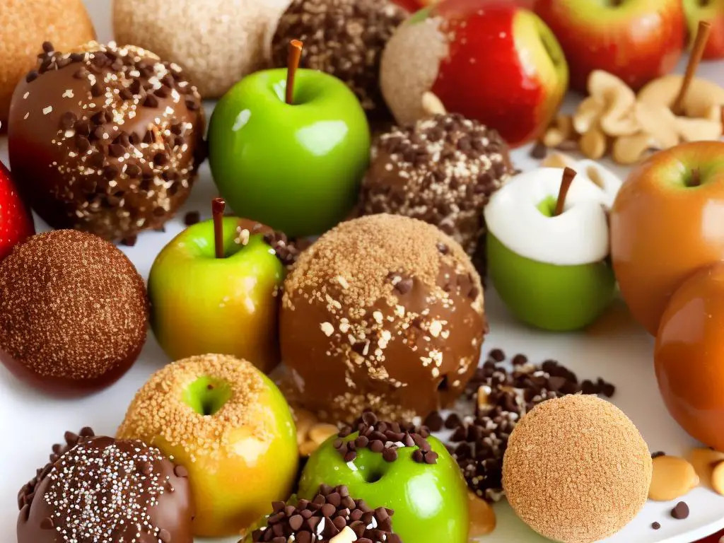 A picture of caramel apples coated with different toppings such as sprinkles, nuts, chocolate chips and cookies.