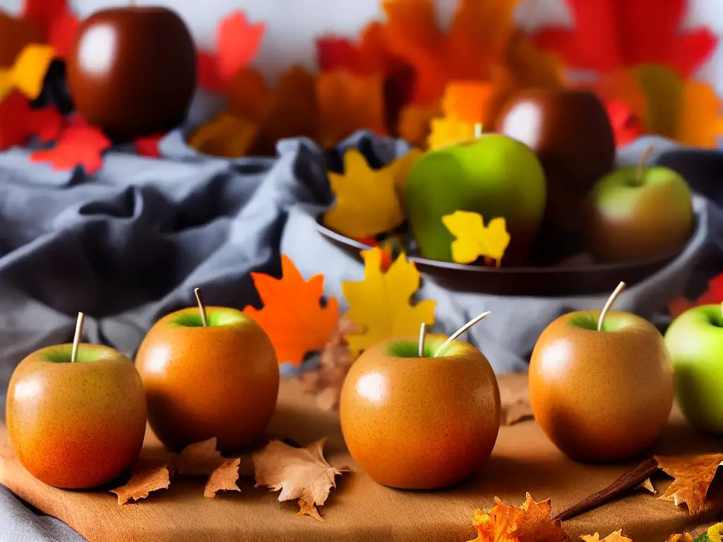 Three caramel apples on sticks in front of a fall foliage backdrop.