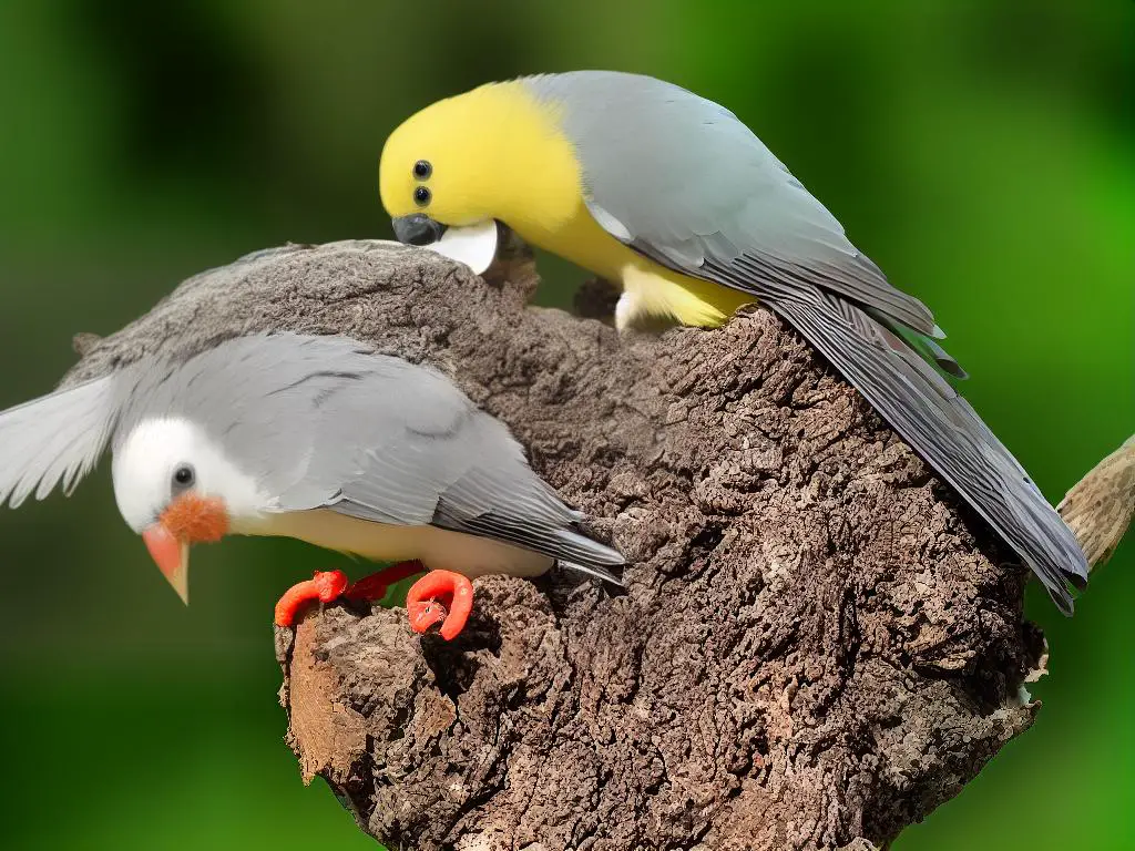 A picture of a cockatiel eating an apple slice.