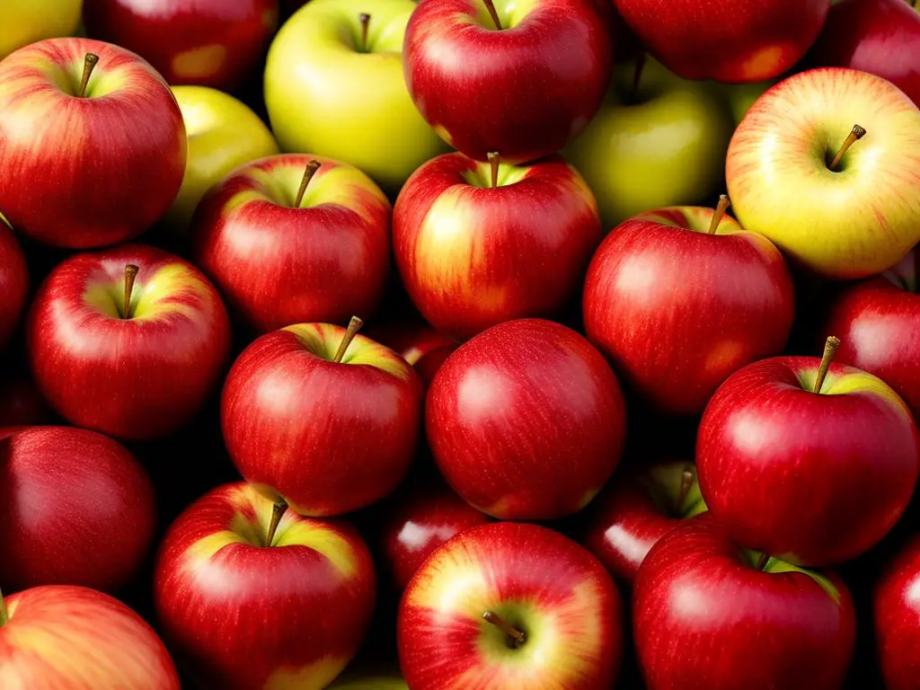 A close-up image of Crimson Gold apples, showcasing their vibrant crimson red and golden orange colors.