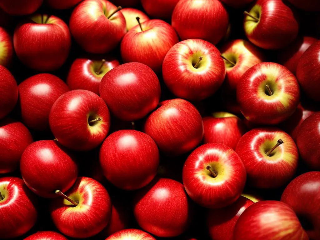 A close-up image of crimson gold apples which are small-sized, deep red, and have a distinctive appearance.