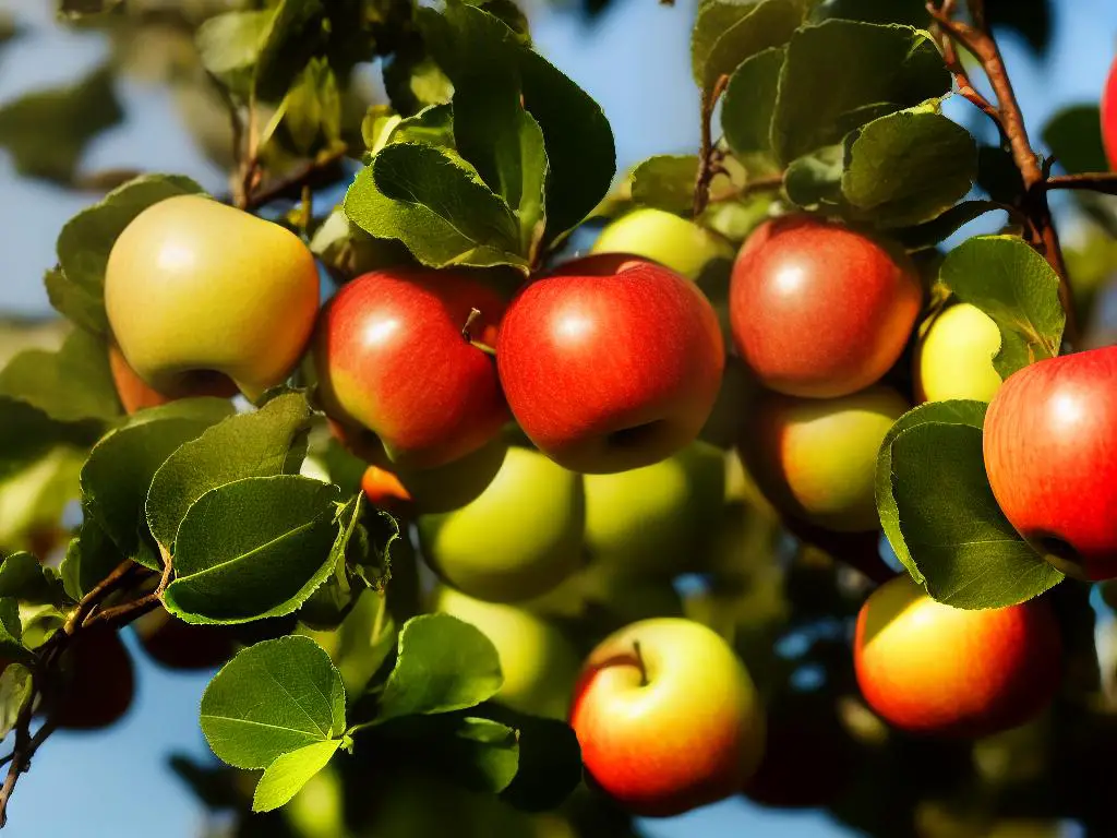 A close-up image of ripe EverCrisp apples on a branch.