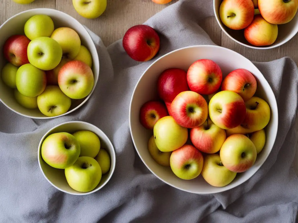 Bowl of freshly picked EverCrisp apples with rosy-red blush and subtle hints of pale greens and yellows