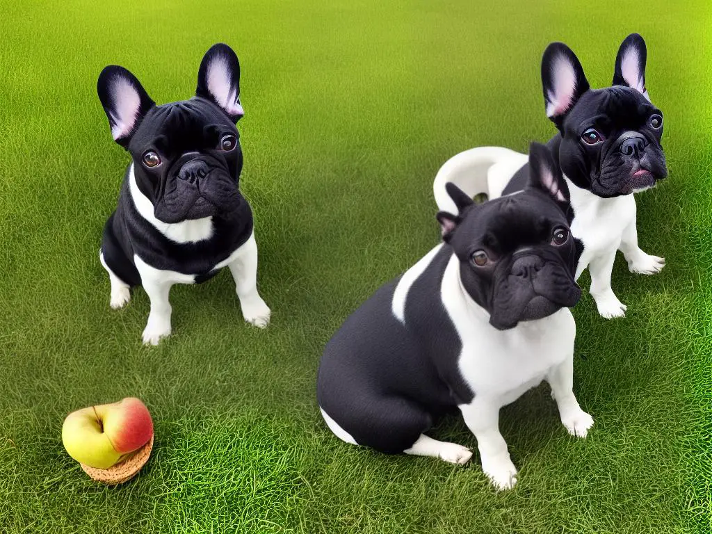 A French Bulldog sitting on a grassy lawn with sliced apples beside it.