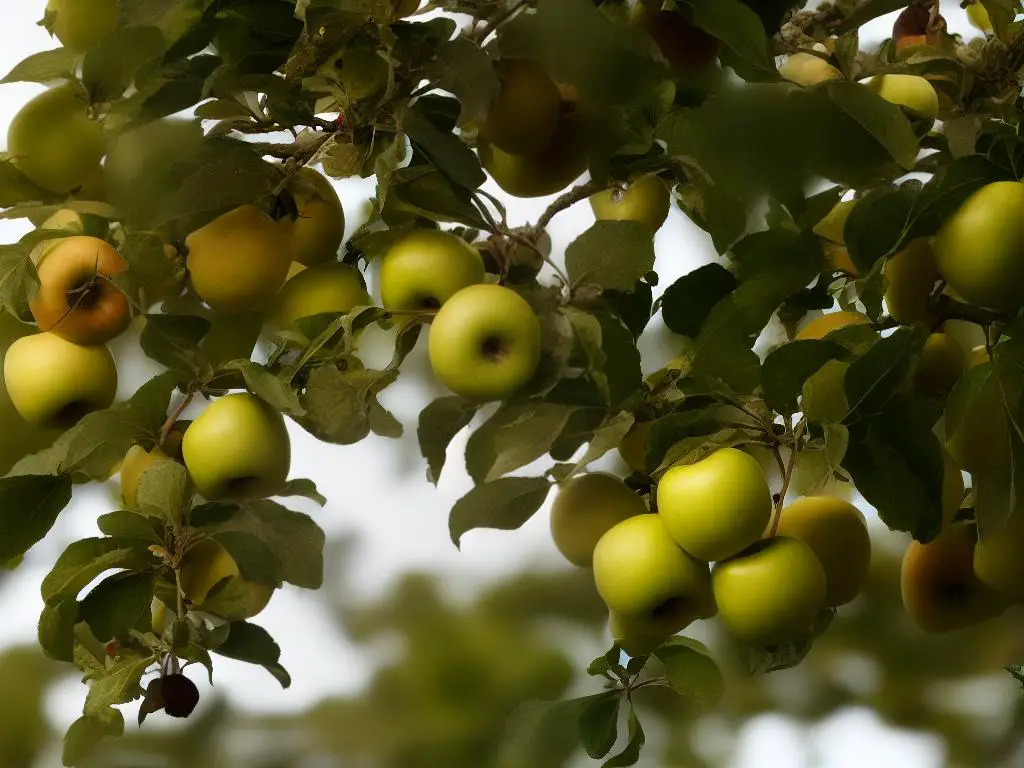 Golden Supreme apple tree with ripe apples hanging on the tree