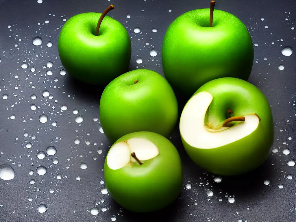 A green dragon apple with a light green peel and some water droplets falling on it, depicting freshness and taste.