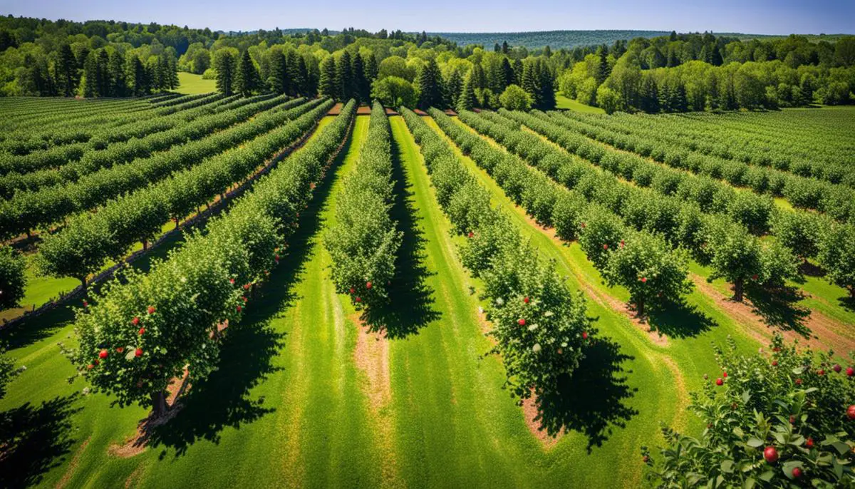 A beautiful image of Hartford Apple Orchard, with rows of apple trees stretching across the landscape.