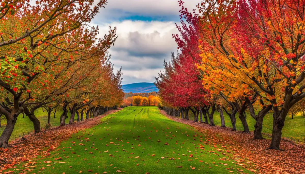 A scenic view of Hartford Apple Orchard during the autumn season, with rows of apple trees and colorful leaves.