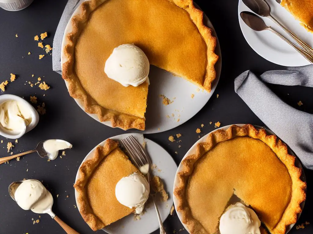 A close-up photo of a freshly baked pie with golden crust and a filling made with Honeycrisp apples, topped with a scoop of vanilla ice cream.