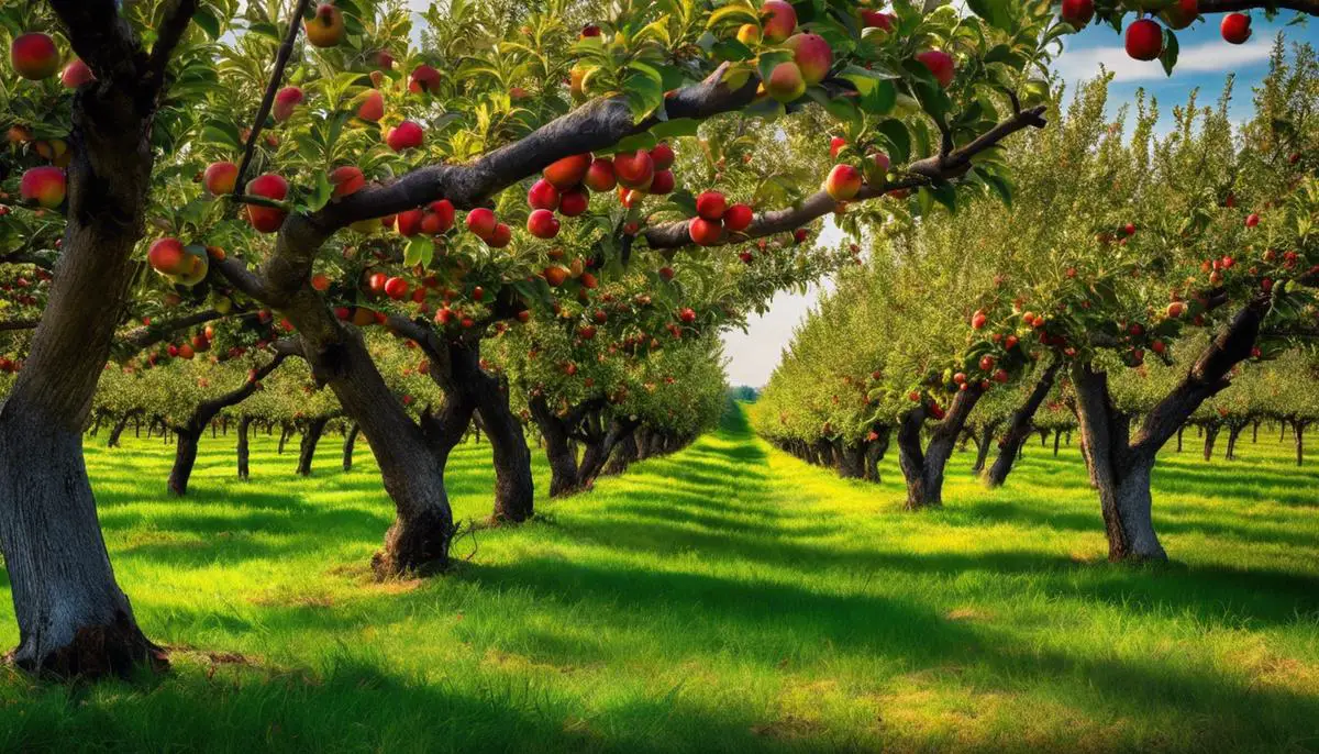 A colorful image of an apple orchard in Indiana, showcasing rows of apple trees with ripe fruits hanging from their branches