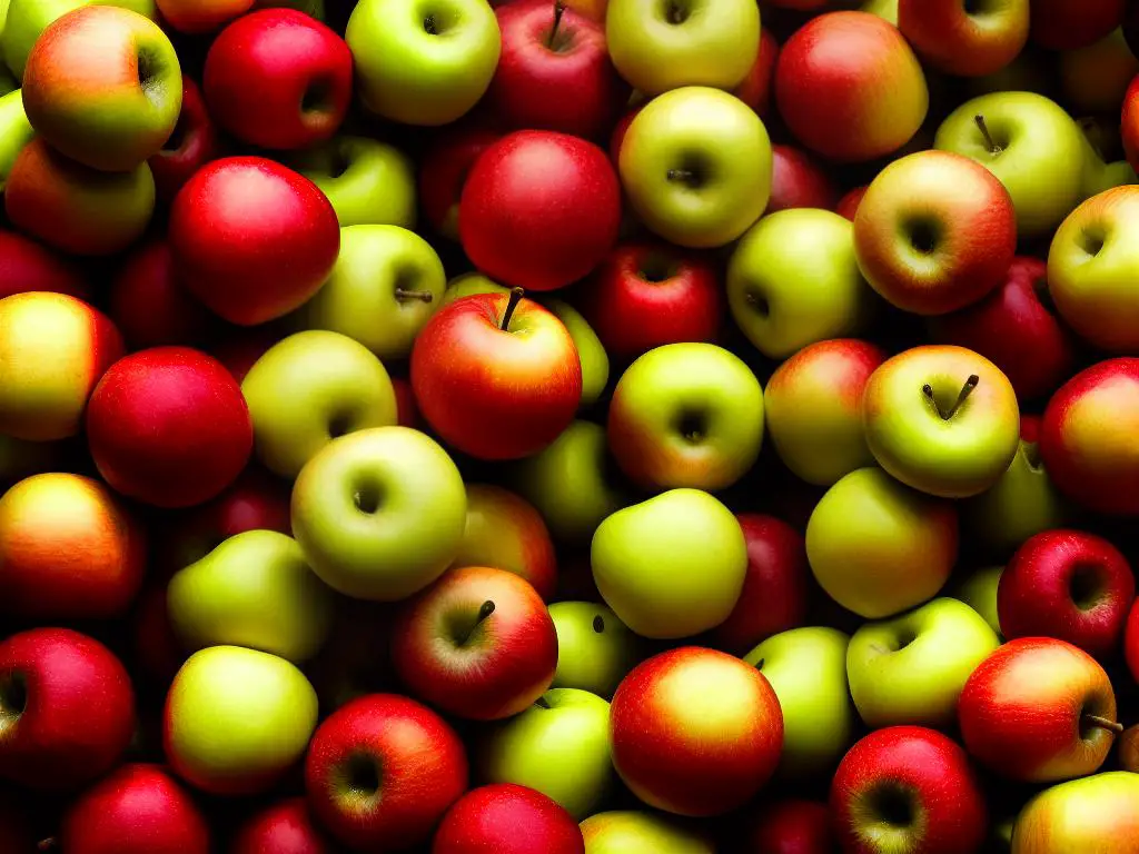 A photo of freshly harvested Jazz apples lying on a wooden surface with a blurred background. The apples are shiny and have a mix of pinkish-red and yellow-green color, indicating their maturity.