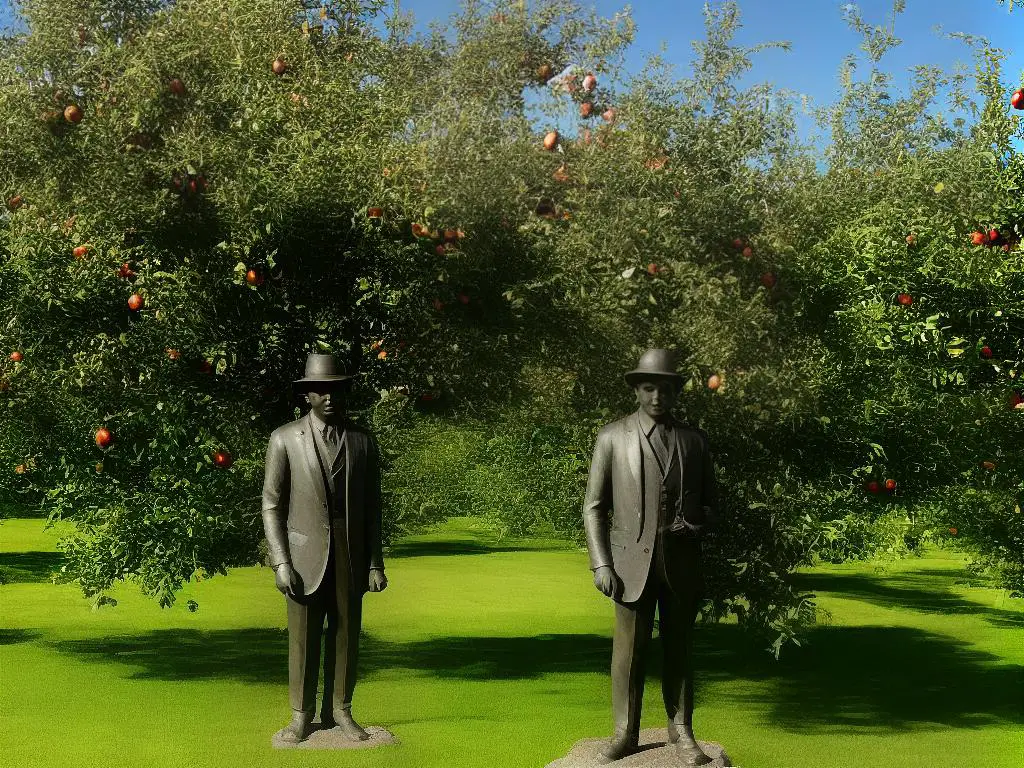 A statue of a man with a hat and a sack, standing in front of an apple tree.