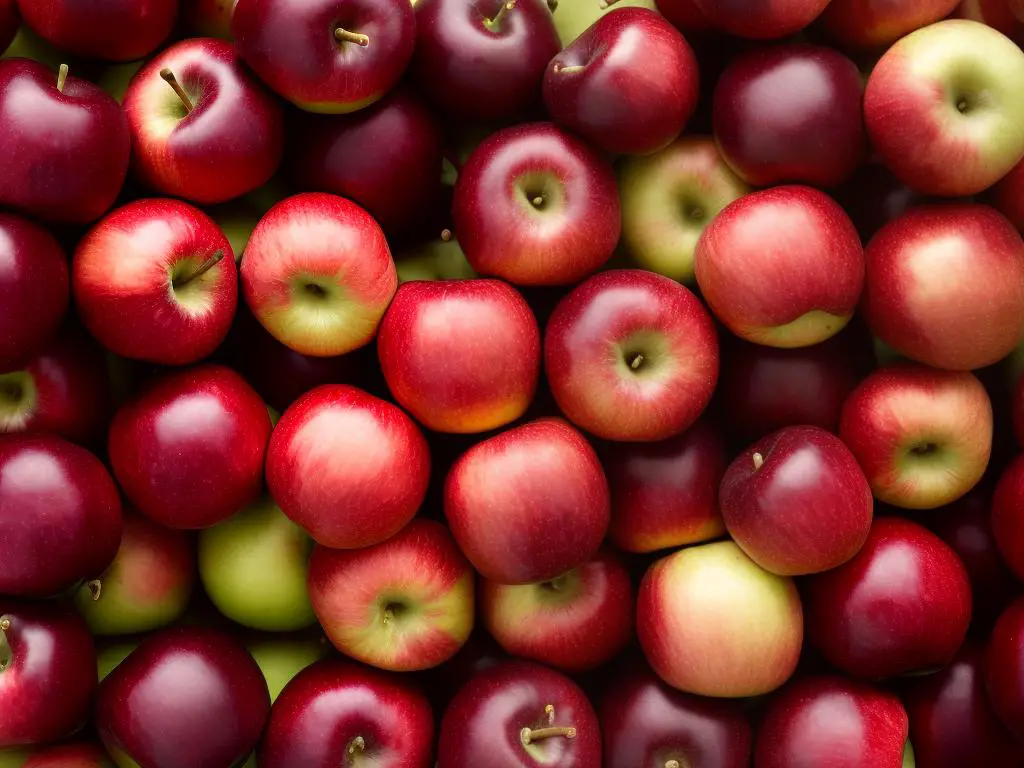 A close-up image of Macoun apples, showcasing their dark and wine-red appearance with a bit of a purple flush, and white flesh. The image also captures an apple being bitten into, showcasing its crisp texture.
