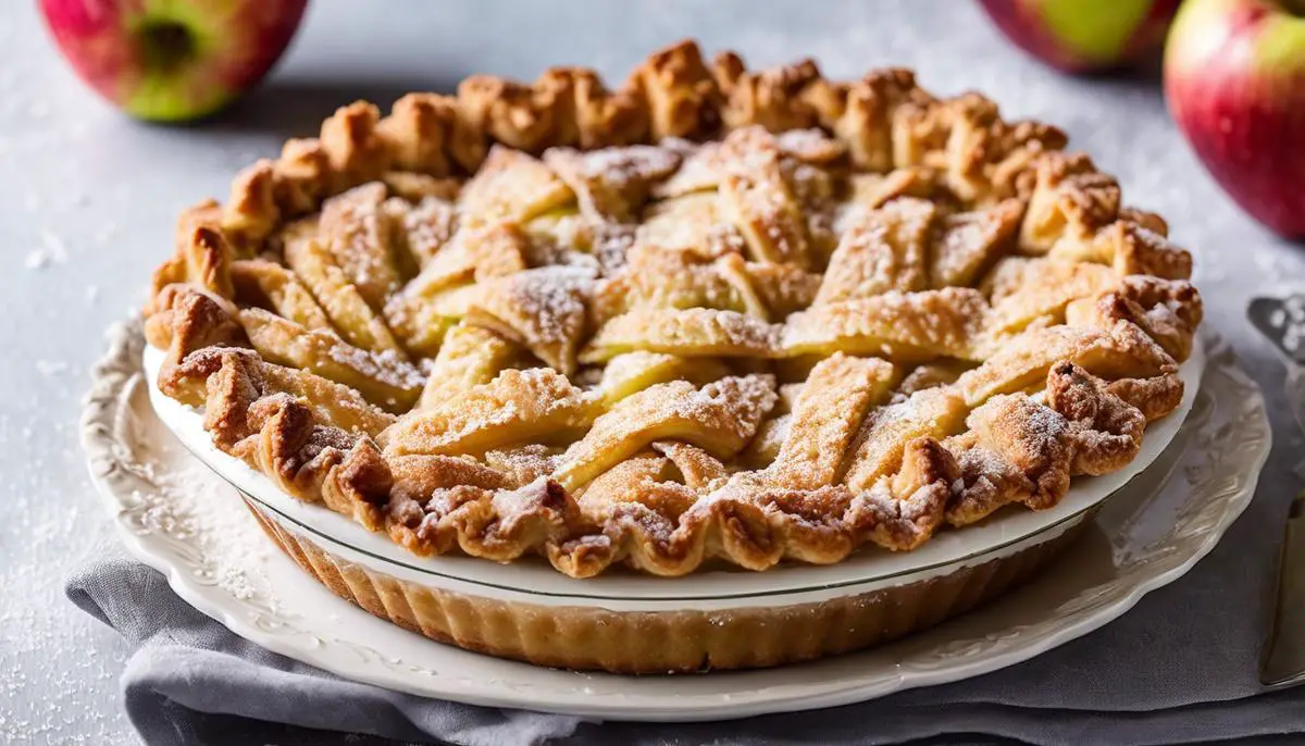 A delicious Dutch Apple Pie with a crumbly topping, dusted with confectioners' sugar.