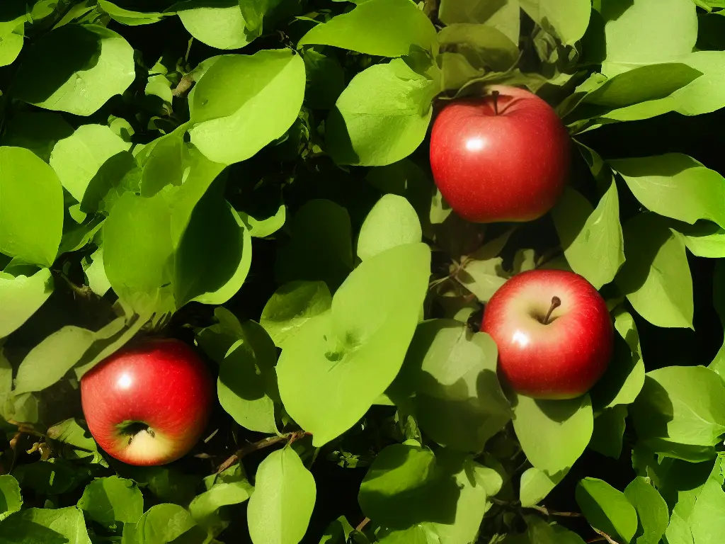 A red apple on a bed of bright green leaves.