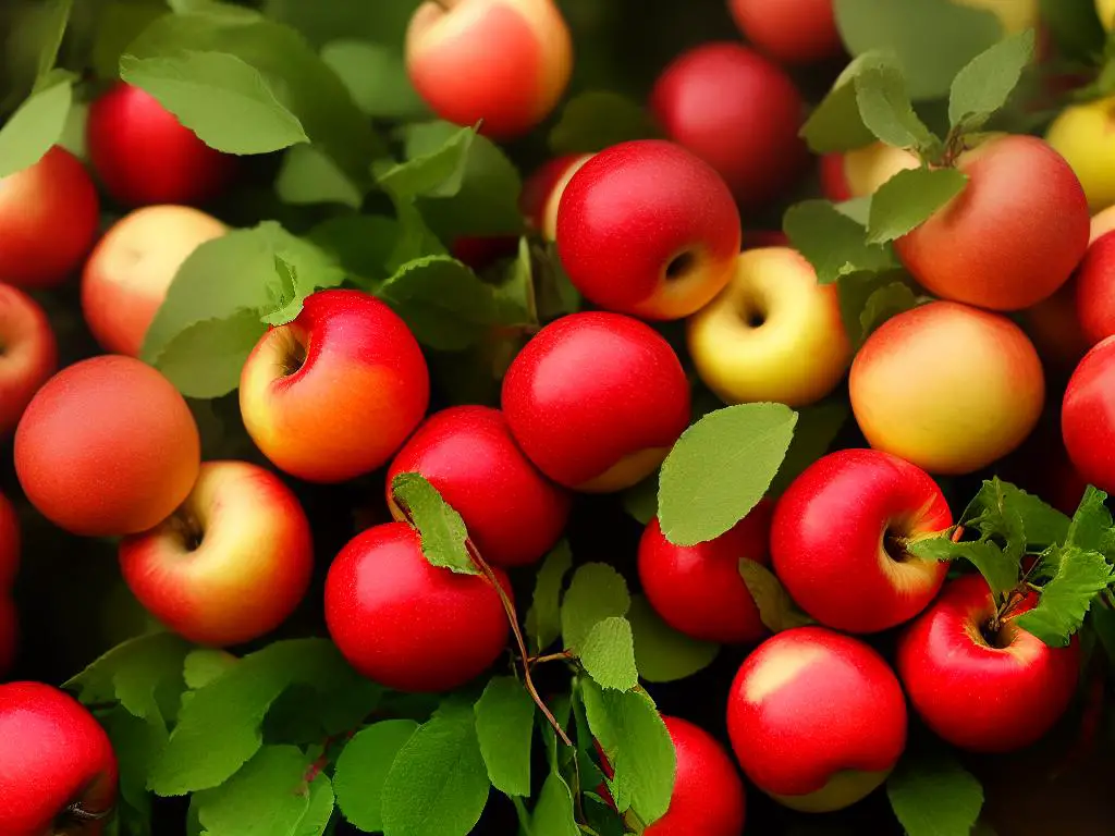 A close-up image of a bunch of Melrose apples, showcasing their red and yellow skin, with a few leaves attached.