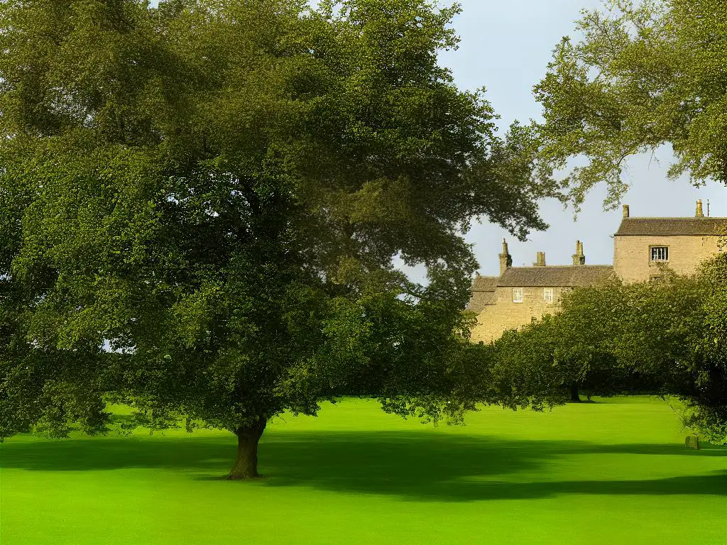 A photo of the Newton Apple Tree, with its branches and green apples in the foreground, and the old Woolsthorpe Manor house in the background.