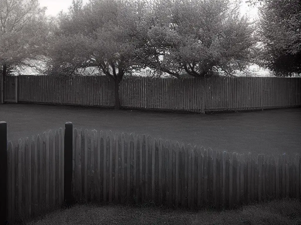 A black and white photograph of an apple tree surrounded by a fence with a plaque.