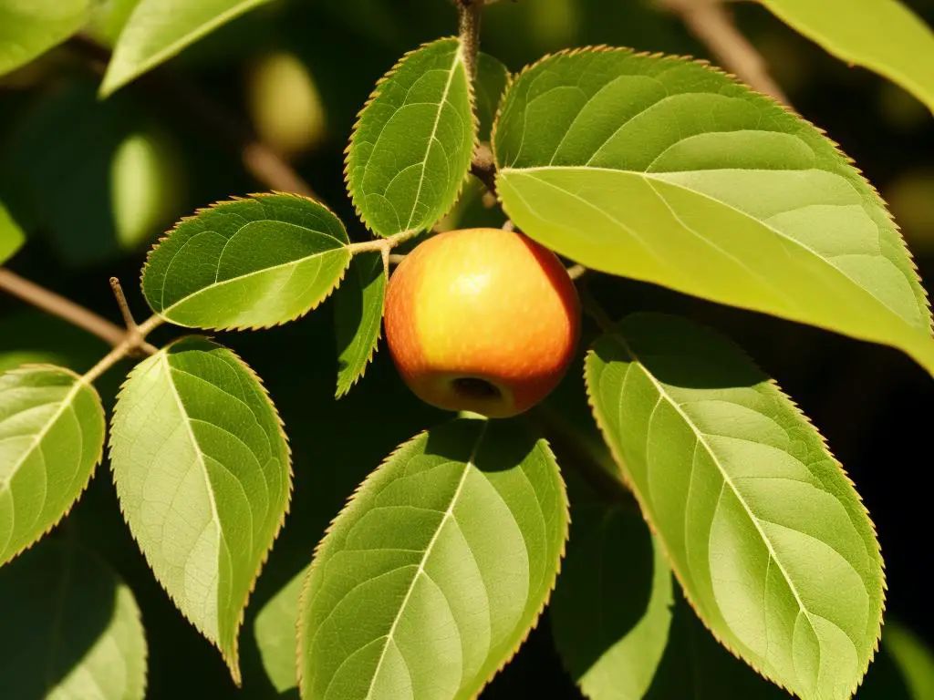 Close-up image of orange spots on apple tree leaves, indicating symptoms of a pest or fungal infection