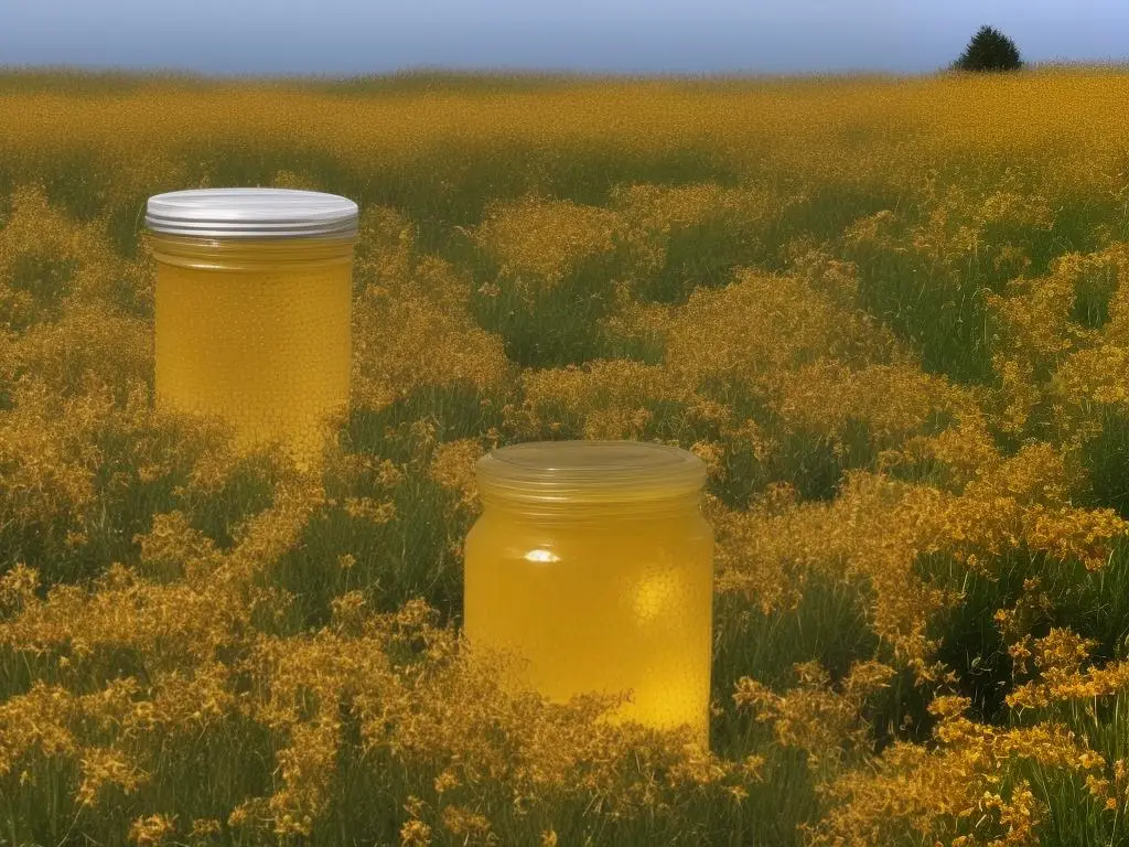 A jar of Pippins Golden Honey surrounded by honeycombs and bee's wings, represented the unique taste and composition derived from the intricate interplay between bees and apple blossoms.