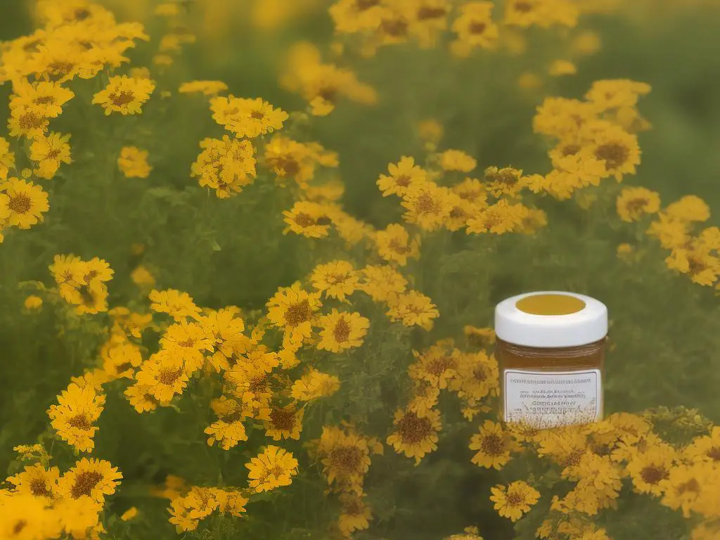 A jar of golden honey with the label 'Pippin's Golden Honey' surrounded by bees and flowers.