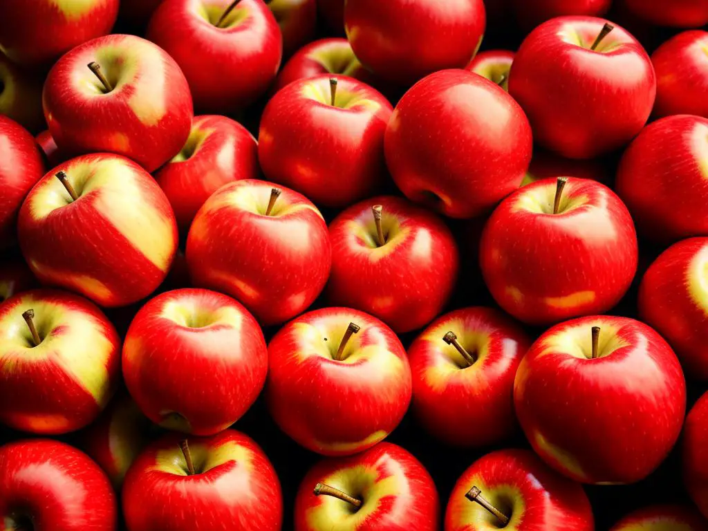 A close-up image of a basket of Rome apples, showcasing their bright red color and shiny appearance.