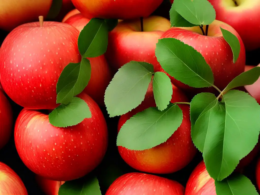 a close-up image of a Royal Red Honeycrisp apple featuring its deep red color and shiny, smooth skin with variegated splashed streaks of green and yellow.