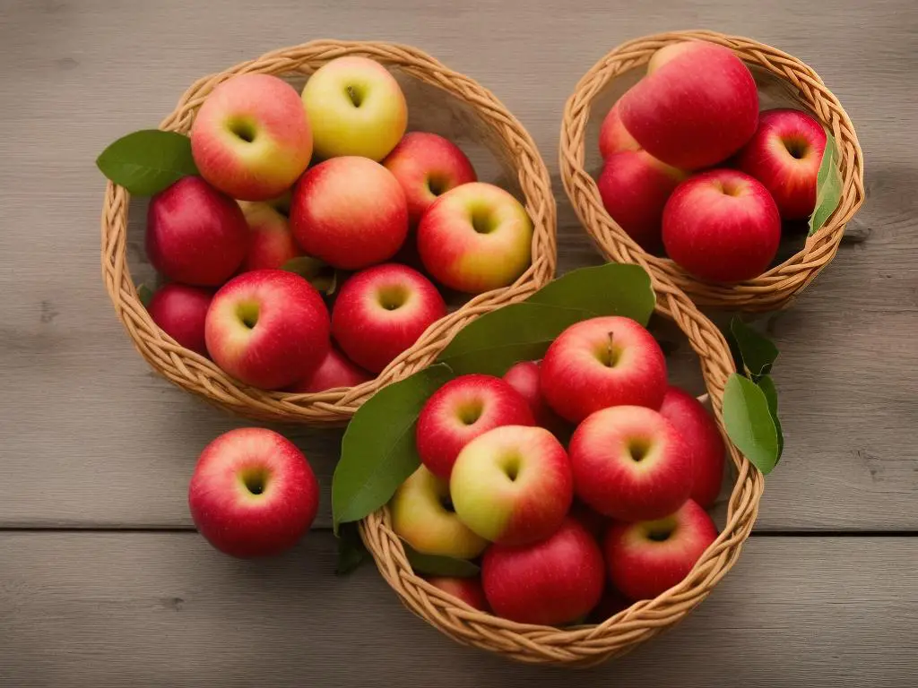 A basket full of Ruby Rush Apples sitting on a wooden table.