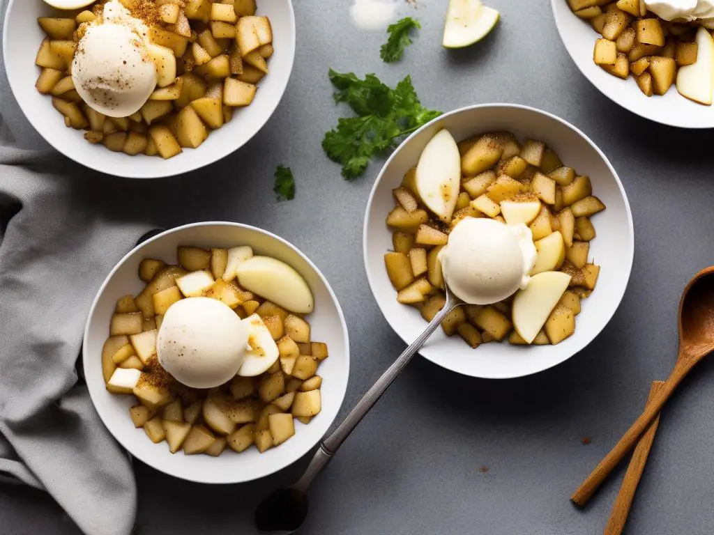A bowl of sauteed apples topped with a scoop of vanilla ice cream and a sprinkling of cinnamon, with a spoon beside the bowl.