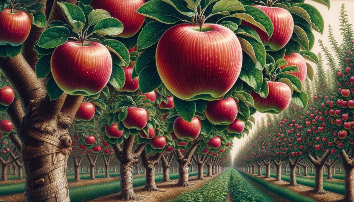 Image of Sekai Ichi apples growing in a Japanese orchard, showcasing their unique cultivation and opulent appearance
