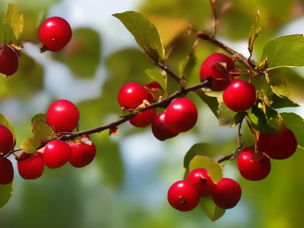 A closeup of a red Siberian crab apple hanging from a tree branch