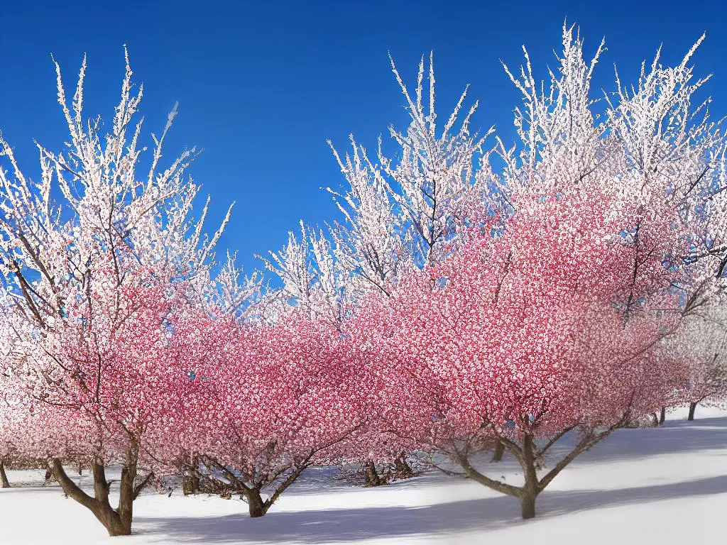 A Siberian Crab Apple tree with white blossoms and small red fruits, covered in snow.