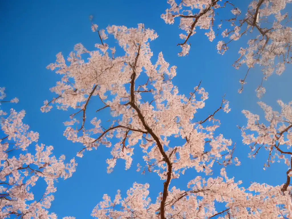 A photograph of Siberian crab apples on a tree, set against a sunny blue sky.