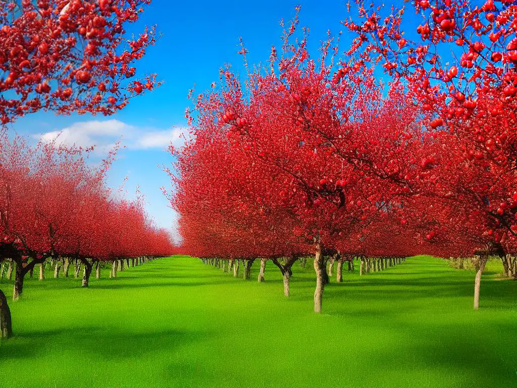 A picture of an apple orchard with green trees and red apples on the branches.