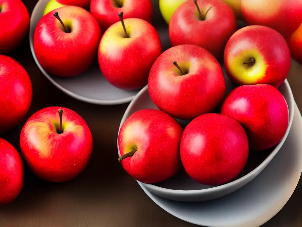 A bowl of Sunrise Magic Apples, displaying their vibrant red-orange color and juicy interior