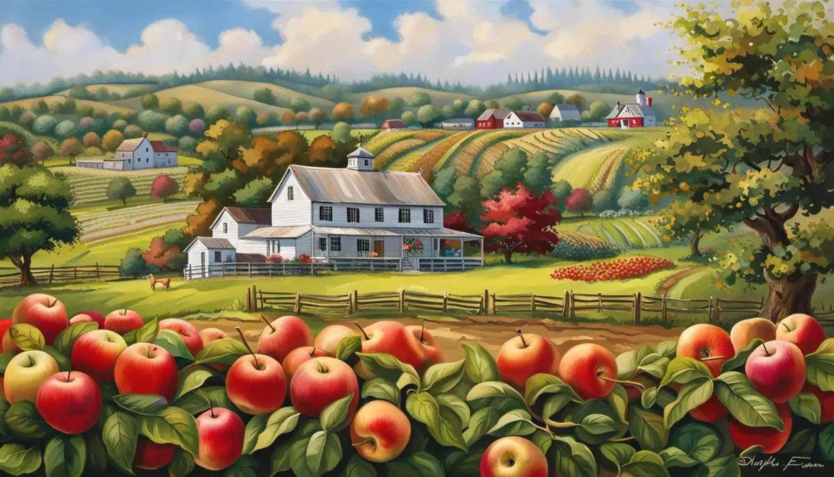 An image showing the historical significance of Ten Apple Farm with a charming orchard and farmhouse in the background