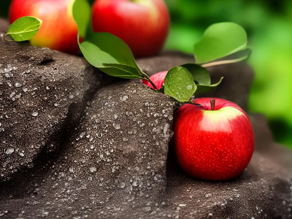 A close-up view of a red, juicy apple with water droplets on its skin