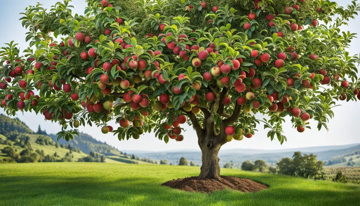 A healthy apple tree surrounded by fertile soil