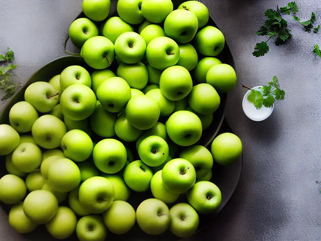 Image of fresh green apples at Walmart displayed in a basket on a shelf.