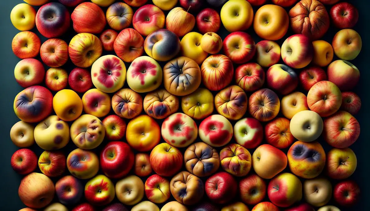 A variety of apples in different colors and textures, with some showing bruises and dull skin, highlighting the importance of inspecting apples before purchasing.