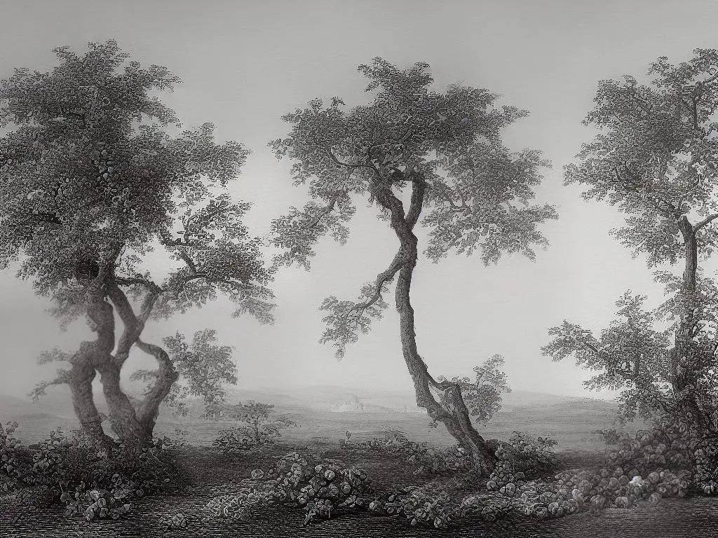 A drawing of two apple trees, one with abundant fruits and the other barren.