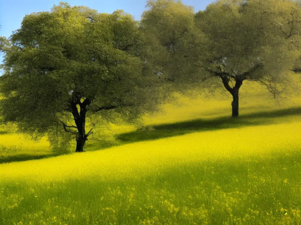 A photo of a mature Acey Mac apple tree with yellow leaves and small green apples on its branches, growing in a field.