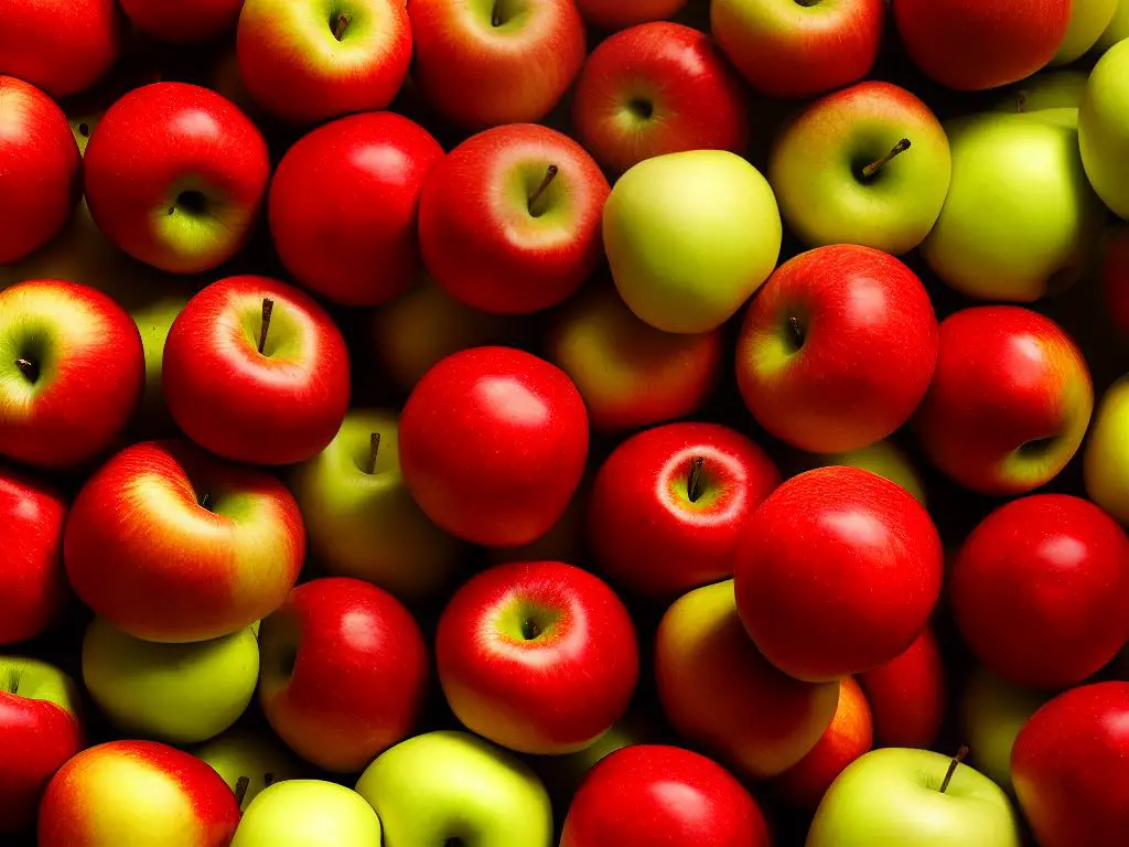 A bunch of vivid red Acey Mac Apples with a few streaks of green on them, with their flesh being white and crisp.